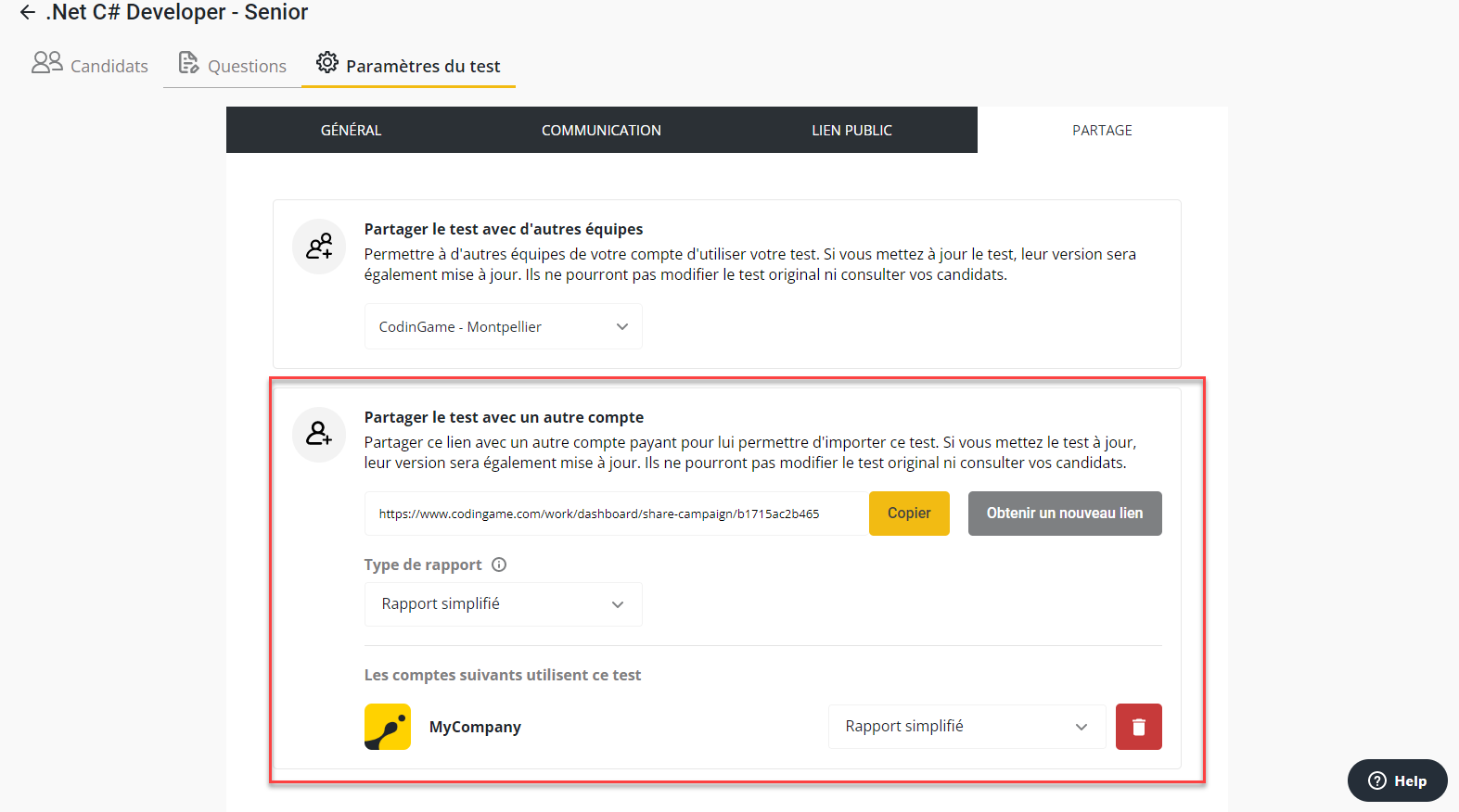 Une capture d'écran de l'onglet Partage ouvert sous les paramètres du test. La section "partager le test avec un autre compte" est mise en évidence.
