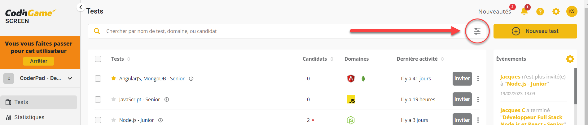 L'icône de recherche avancée est mise en évidence sur le côté droit de la barre de recherche.