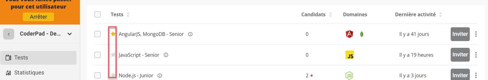 L'icône de l'épingle ( une étoile) est affichée à gauche du nom du test dans chaque ligne.