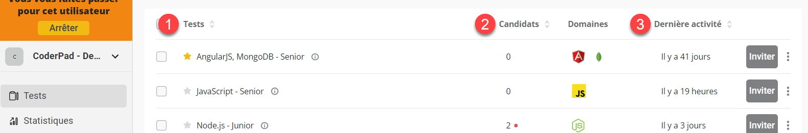 la liste des tests est affichée avec un 1 à côté du tri des tests dans la ligne d'en-tête, un 2 à côté du tri des candidats, et un 3 à côté du tri de la dernière activité.