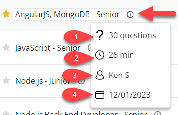 La modale d'information sur le test avec un 1 à côté du nombre de questions, un 2 à côté de l'heure du test, un 3 à côté du créateur du test, et un 4 à côté de la date de création du test.