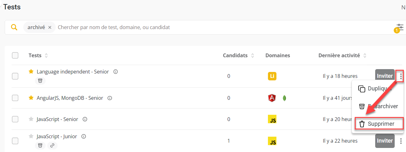 La liste des tests est affichée avec les ellipses verticales à la fin de la ligne et une flèche pointant vers l'option "supprimer".
