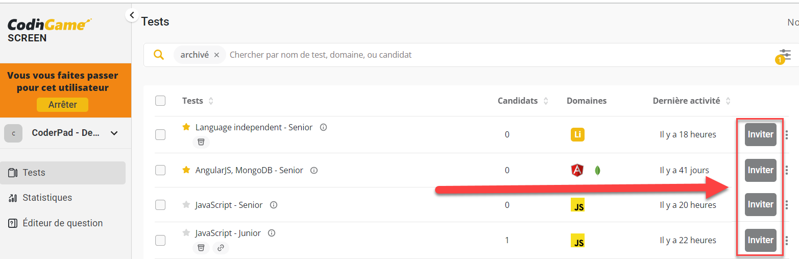Une liste de tests avec les boutons d'invitation en surbrillance.