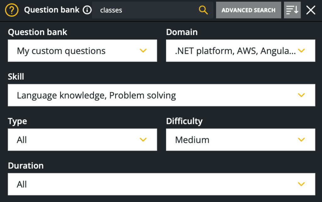 Question bank window with the question bank, domain, skill, type, difficulty, and duration items shown.