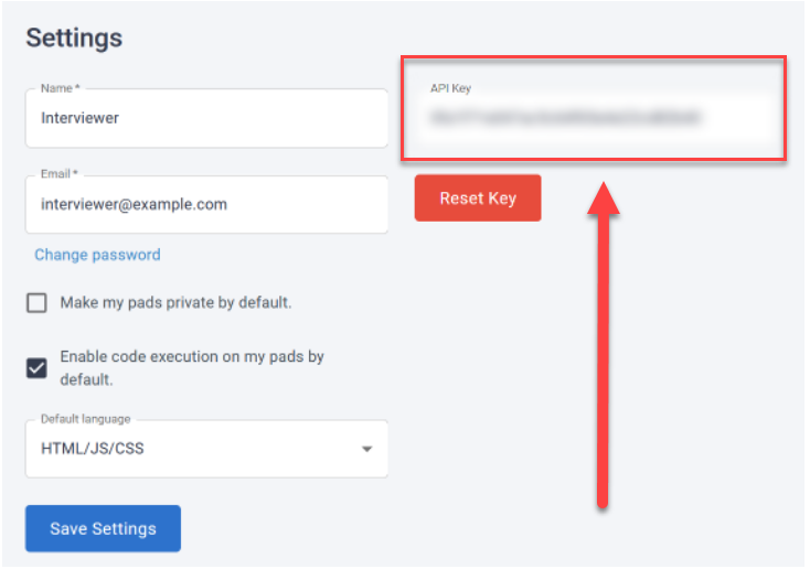 Settings page with the API key field highlighted at the top right of the screen.
