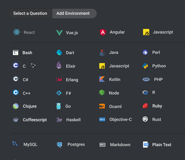CoderPad supports multiple frameworks and programming languages