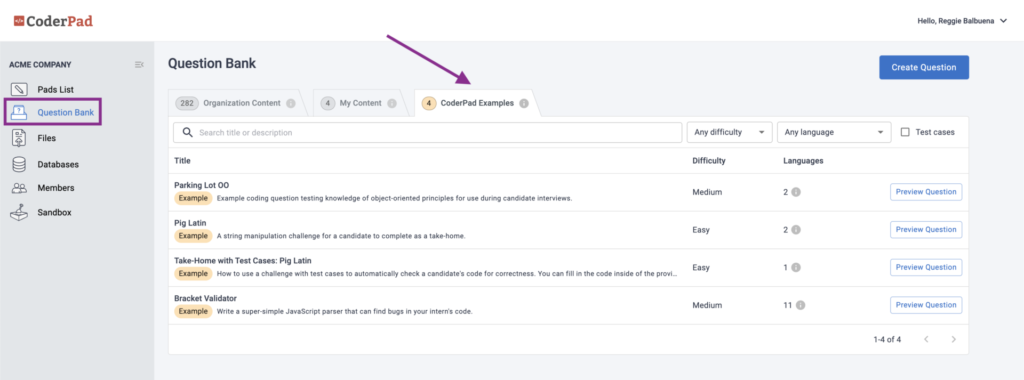 CoderPad Question Bank Example Questions
