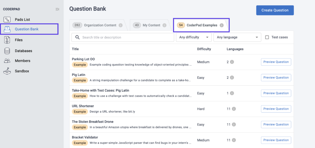 CoderPad Question Bank Example Questions Tab