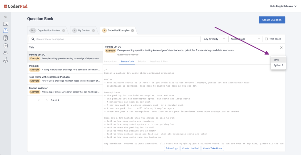CoderPad Question Bank Language Switcher