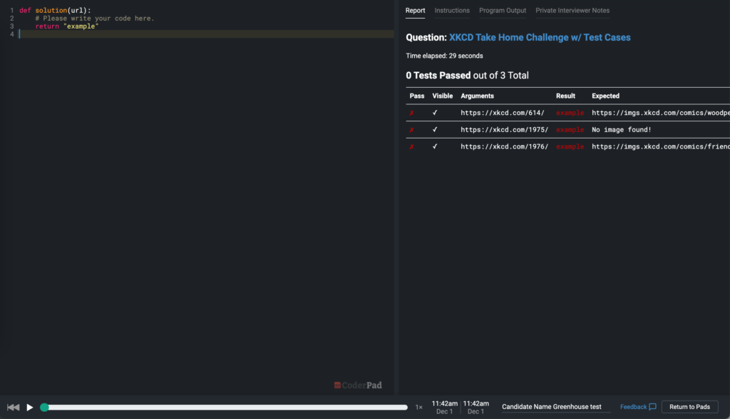 A playback mode screen with candidate code on the left and test case results on the right.