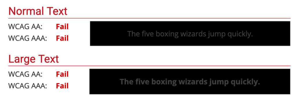 Dark gray text on a black background, failing AA accessibility guidelines