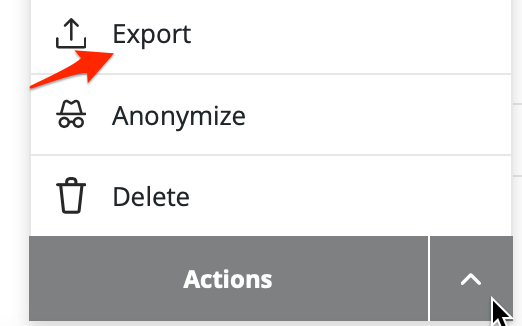 Actions menu list displayed with an arrow pointing towards the export menu item.