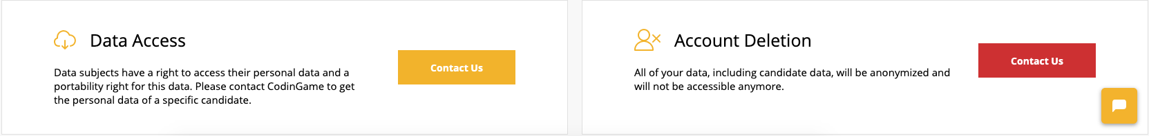 The data access and account deletion sections, both of which include a button to contact customer support.