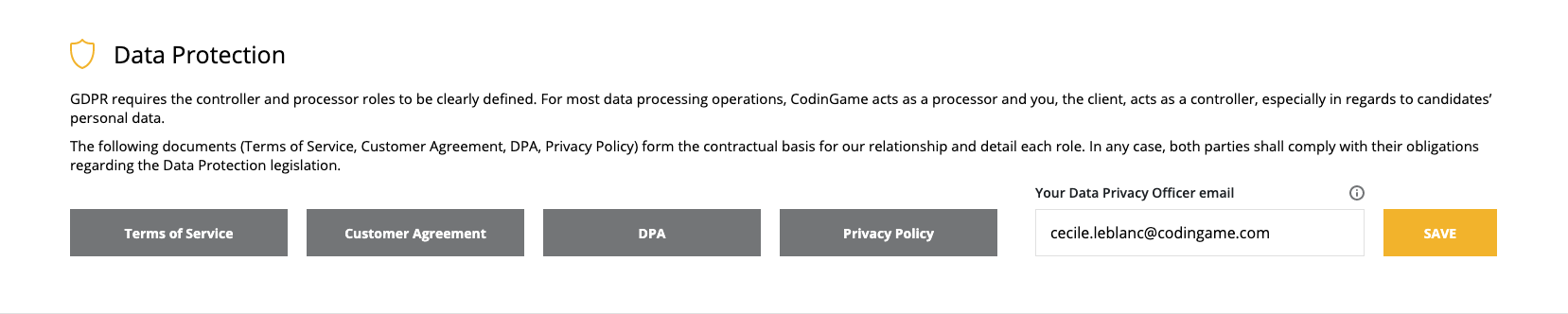 Data protection section with ability to select terms of service, customer agreement, DPA, privacy policy, and a field for your data privacy officer.