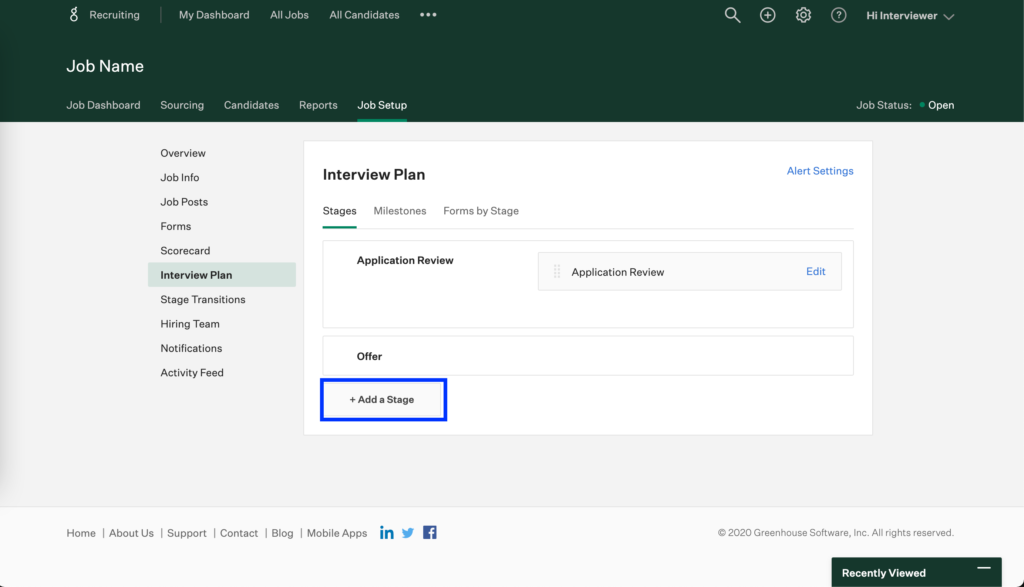 In greenhouse the "job setup"  tab has been selected at the top of the screen and in the left nav menu the "interview plan" tab is selected. On the window the "+add a stage" button is highlighted.
