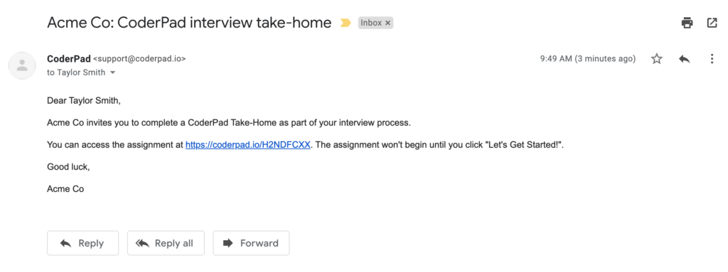 An example invitation email that would be sent to a candidate.