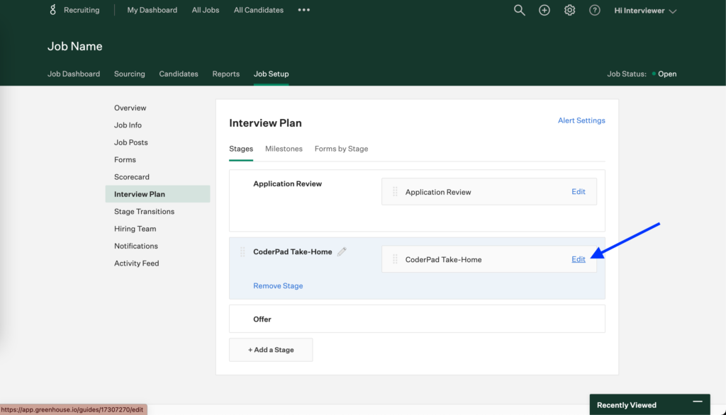 On the interview plan window "coderpad take-home" is shown with an arrow pointing to the "edit" button for the take home.