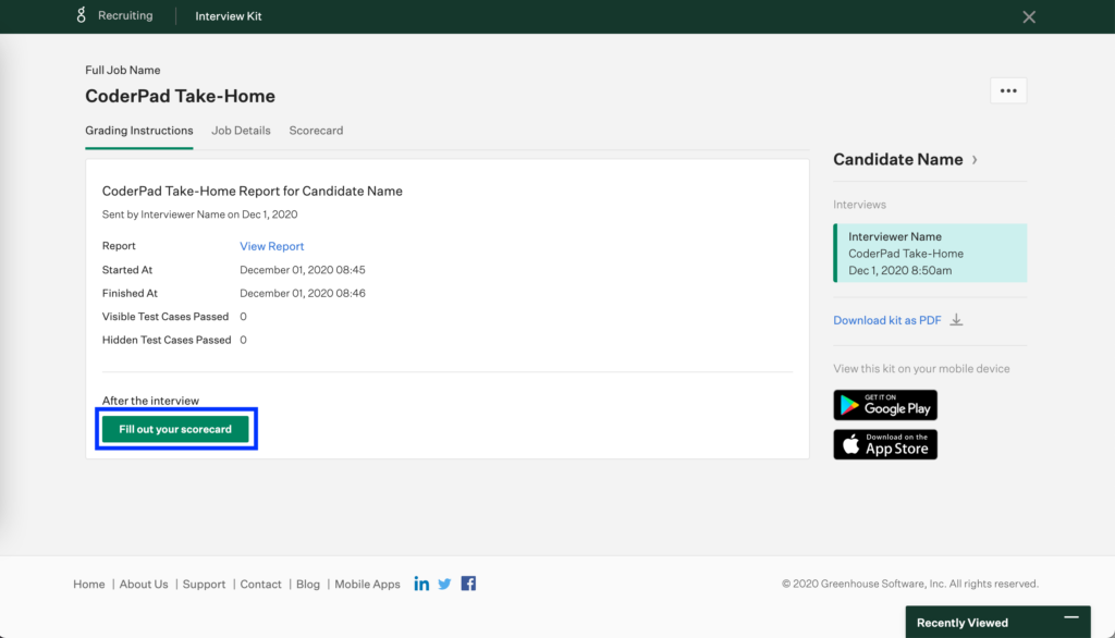 CoderPad Take-home window is shown with the "grading instructions" tab selected. In the "after the interview" section the "fill out your scorecard" button is highlighted.