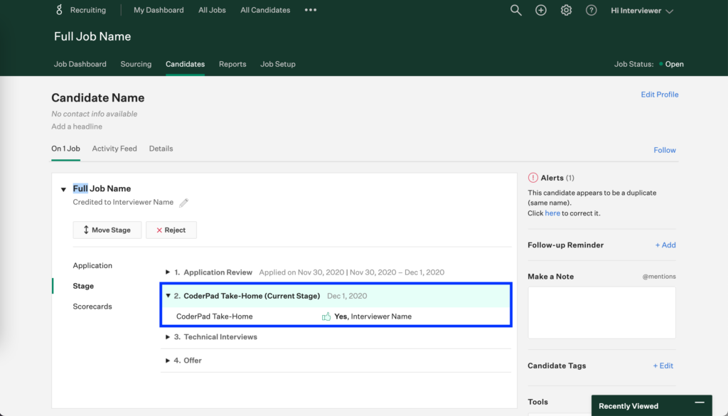 On the candidate screen the "On 1 job" tab is selected for the candidate. The job is displayed and the "Stage" tab in the left nav of the job is selected. The "coderpad take-home" stage is highlighted and the status is now "Yes, interviewer name".