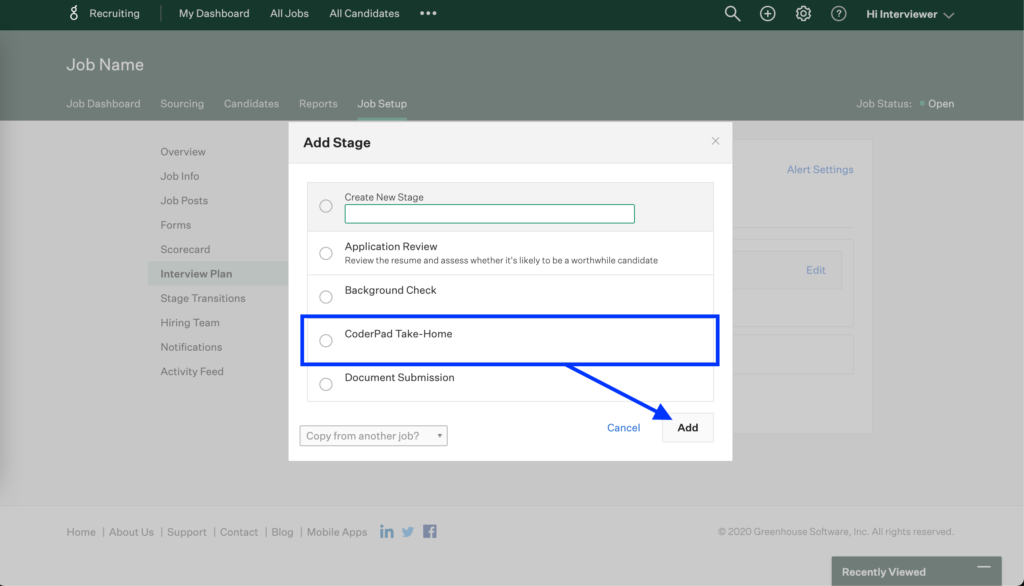The "add stage" window with "coderpad take-home" selection highlighted and an arrow pointing to the "add" button.