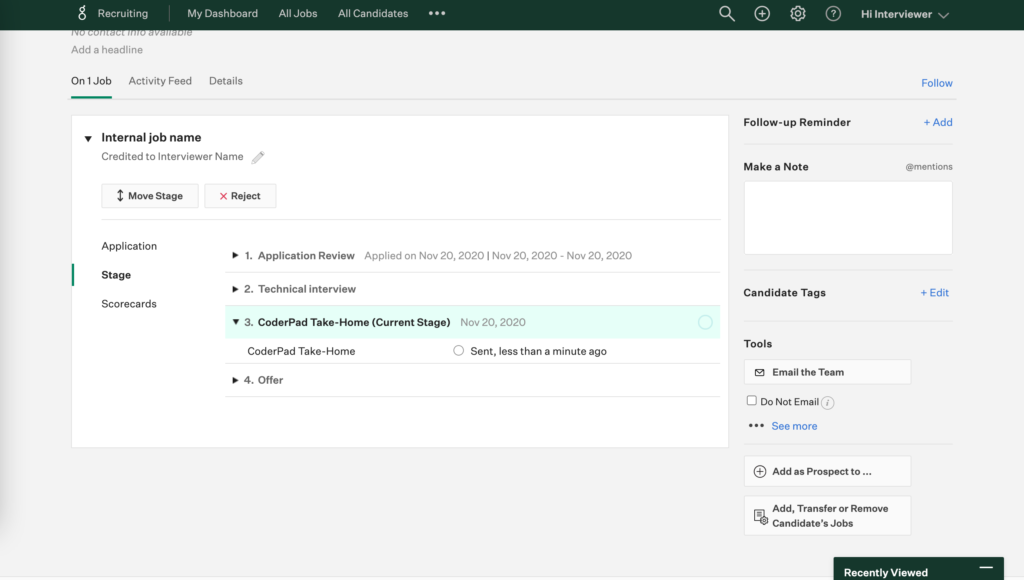 On the candidate screen the "On 1 job" tab is selected for the candidate. The job is displayed and the "Stage" tab in the left nav of the job is selected. The "coderpad take-home" stage is highlighted and there is text that says "sent, less than a minute ago" at the stage.