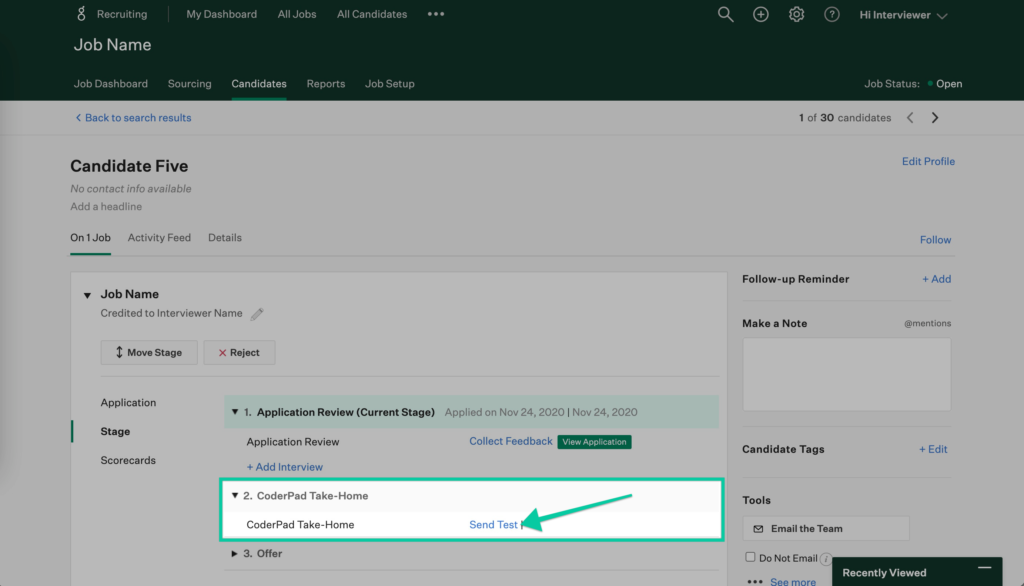 On the candidate screen the "On 1 job" tab is selected for the candidate. The job is displayed and the "Stage" tab in the left nav of the job is selected. The "coderpad take-home" stage is highlighted and there is an arrow pointing to the "send test" link.
