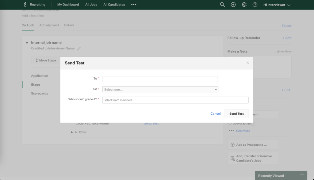 The send test window is open and the "to", "test" name, and "who should grade it?" fields are displayed.