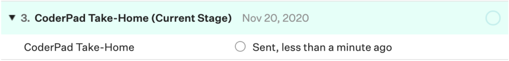 "CoderPad take-home (current stage)" window with status set to "sent less than a minute ago".