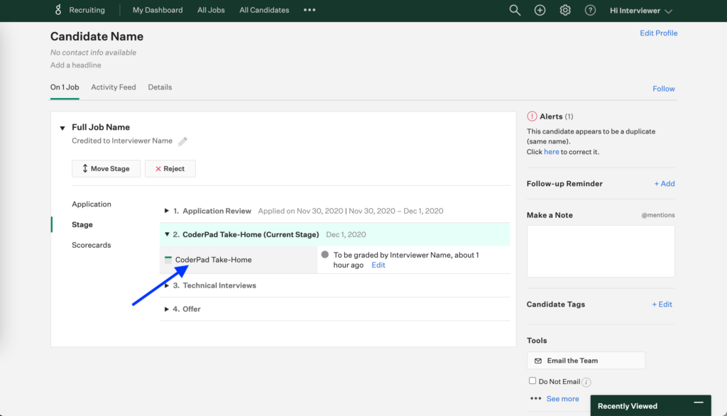 On the candidate screen the "On 1 job" tab is selected for the candidate. The job is displayed and the "Stage" tab in the left nav of the job is selected. The "coderpad take-home" stage is highlighted and there is an arrow pointing to a "coderpad take-home" link.