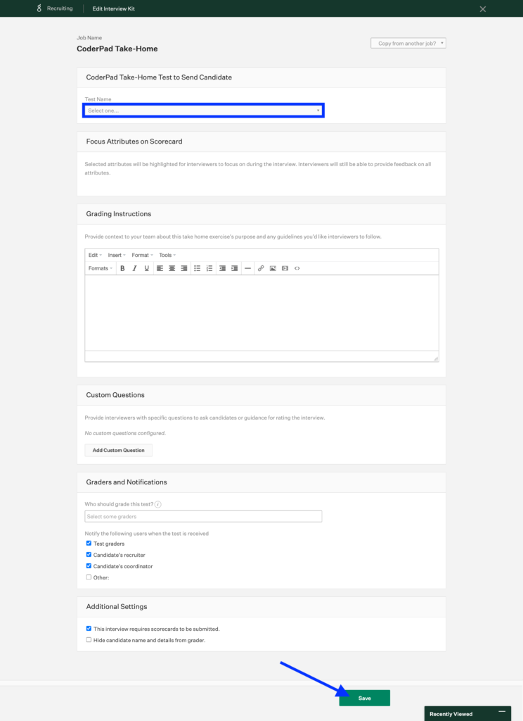 The coderpad take-home configuration page is shown. The "test name" field is highlighted and there is an arrow pointing to the "Save" button at the bottom of the page.