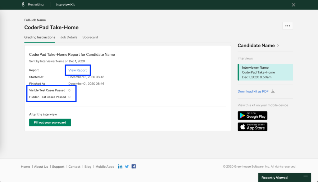 CoderPad Take-home window is shown with the "grading instructions" tab selected. The "view report" link is highlighted. Also highlighted is text that says: "visible test cases passed : 0" and "hidden test cases passed: 0".