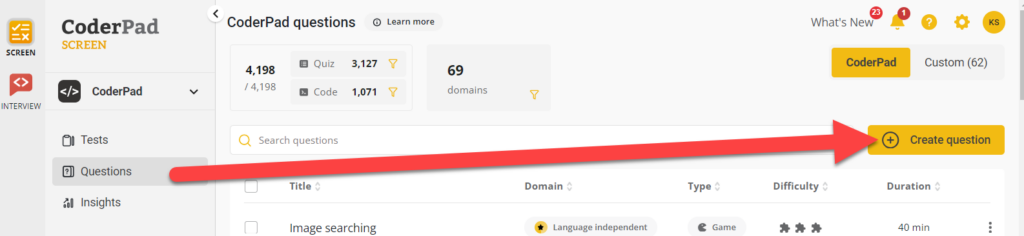 The Screen dashboard with the Questions tab selected and an arrow pointing to "create question" button.