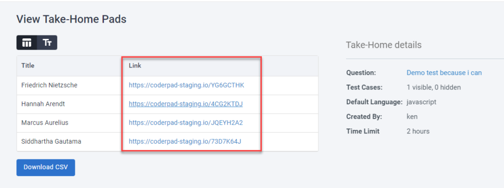 The "view take-home pads" section with the links generated for each candidate.