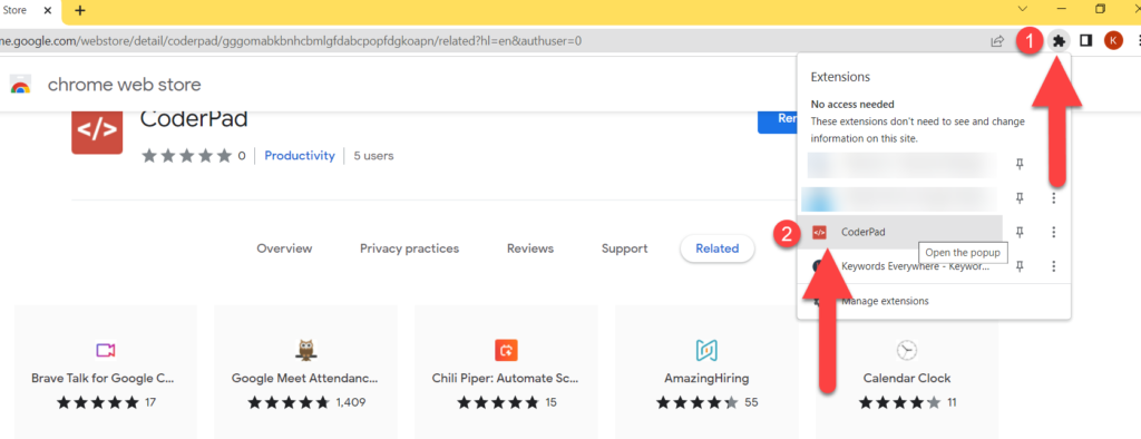 The extensions button at the top of the browser bar is highlighted. There is a dropdown menu of extensions and there is an arrow pointing to the coderpad option.