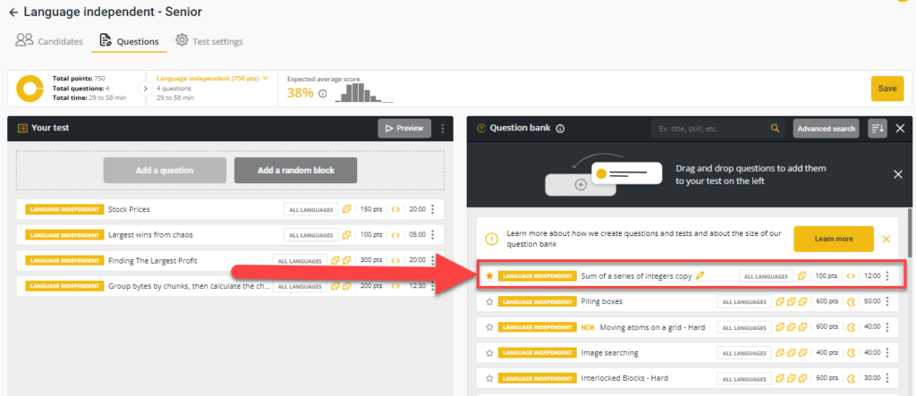 The question bank for language independent questions is shown with an arrow pointing to the favorited question at the top of the list.