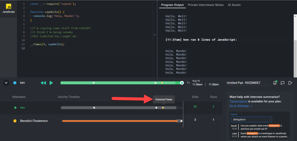 Coderpad playback with an arrow pointing to the "External paste" notification on the candidate's playback timeline.