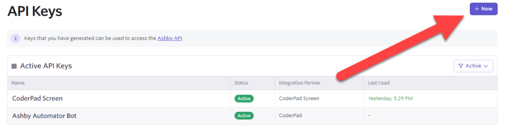 The API keys screen with an arrouw pointing to "+New".