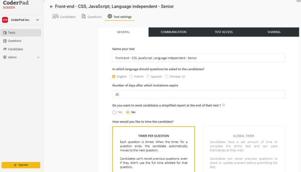 The Screen dashboard is open, in the left nav the "Tests" menu item is highlighted. In the center the Test settings is highlighted at the top. Below that the "General" tab is selected.