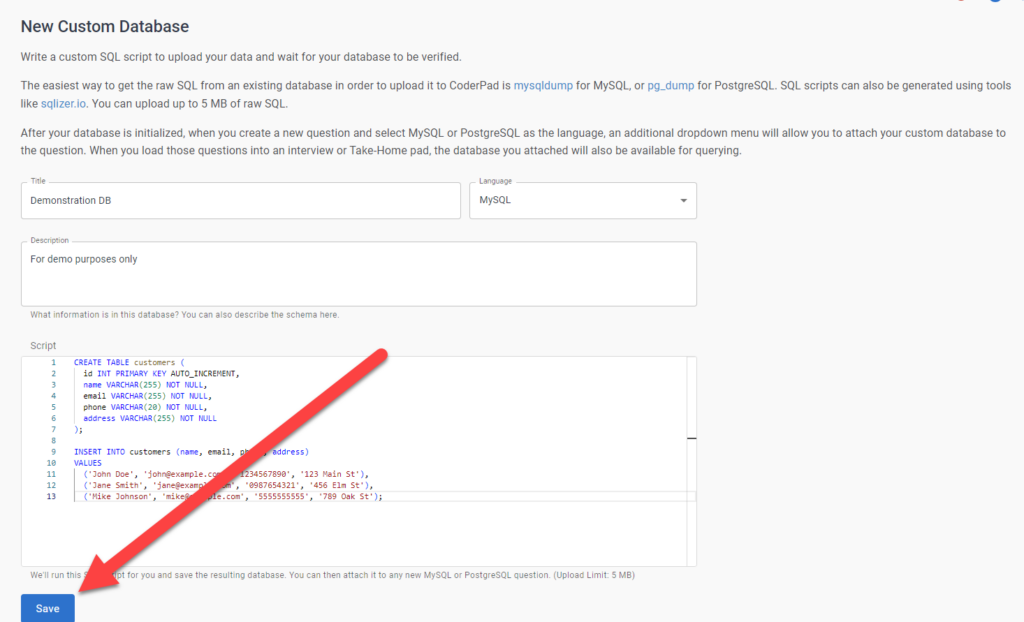 l'écran de la nouvelle base de données personnalisée avec le bouton de sauvegarde en surbrillance en bas à gauche de l'écran.