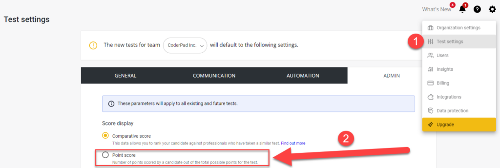 The image shows a settings screen for configuring test parameters for CoderPad. Here’s a breakdown:
On the right-hand side, under a gear icon (⚙️), the user has navigated to "Test settings" from the drop-down menu.
The selected setting allows switching between displaying a "Point score" (highlighted with a red box), which shows the number of points scored by a candidate out of the total possible points for the test, and an alternative "Comparative score," which compares candidates to professionals who have taken a similar test.
This setting will apply to all current and future tests created for the team or organization (e.g., CoderPad Inc.).
