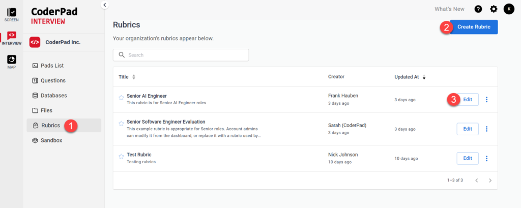 Screenshot of the CoderPad Interview platform displaying the 'Rubrics' section. On the left, a navigation menu includes options like Pads List, Questions, Databases, Files, and Rubrics. The main area shows a list of rubrics with columns for Title, Creator, and Updated At. Three rubrics are listed: 'Senior AI Engineer,' 'Senior Software Engineer Evaluation,' and 'Test Rubric,' with options to edit each one. A 'Create Rubric' button is visible at the top.