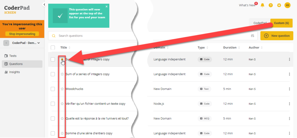 Custom question list with the star icons highlighted next to their respective questions.