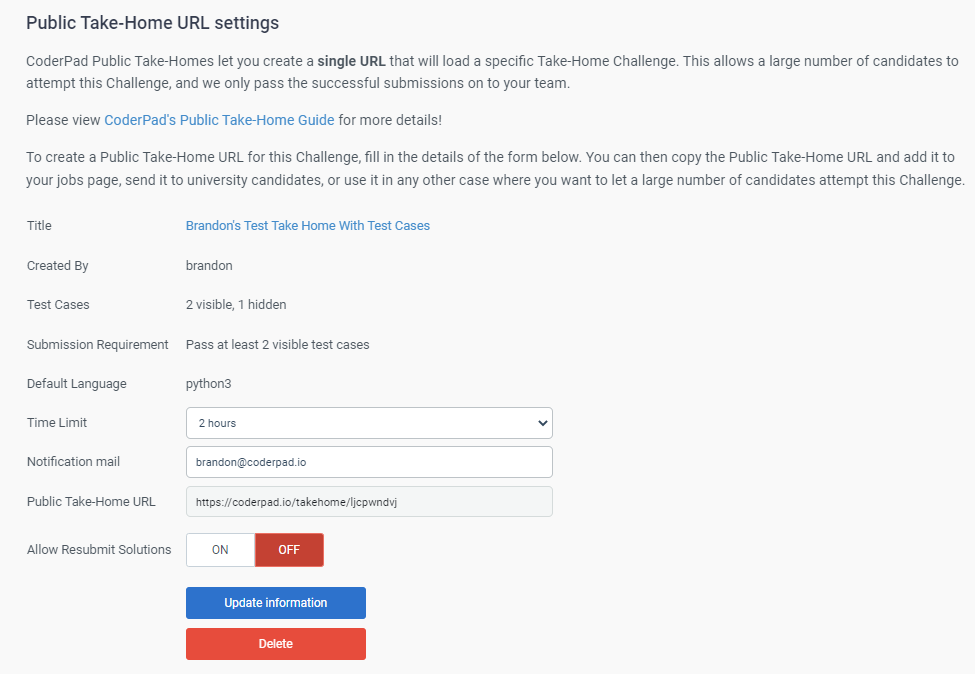 Public take-home url settings screen. Here you can edit time limit, notification email address, the url, and allow resubmit solutions.