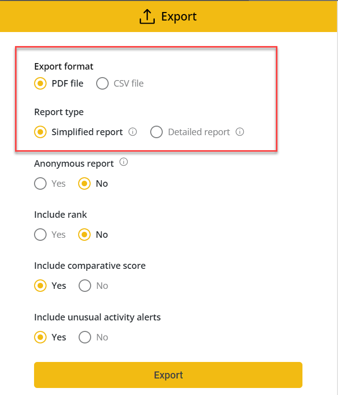 The export modal with an arrow pointing towards "export format" with the options "pdf file" and "csv file". Another arrow pointing towards "report type" with the options "simplified report" and "detailed report".