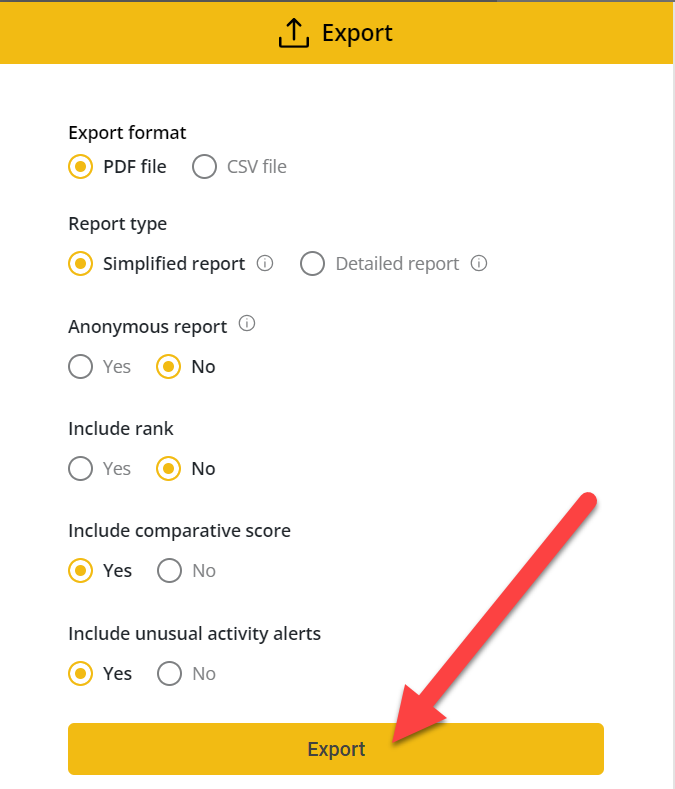 Export modal with a red arrow pointing towards the export button at the bottom.