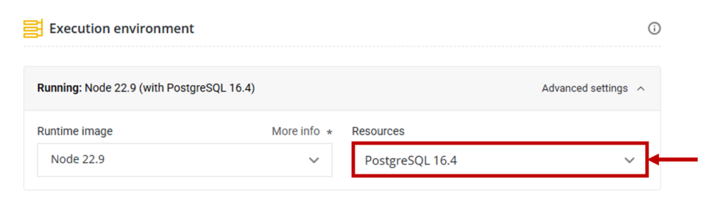 Capture d'écran des paramètres de l'environnement d'exécution dans CoderPad montrant un environnement en cours d'exécution avec Node 22.9 et PostgreSQL 16.4. Le menu déroulant “Ressources” est en surbrillance, ce qui indique que PostgreSQL 16.4 est sélectionné.