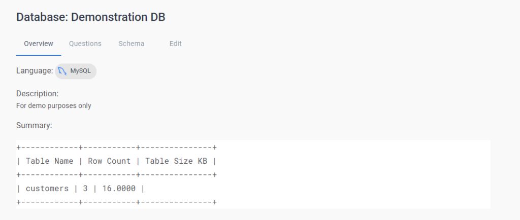 L'écran de vérification de la base de données. Il y a un résumé de la base de données ainsi qu'un schéma de table à visualiser.
