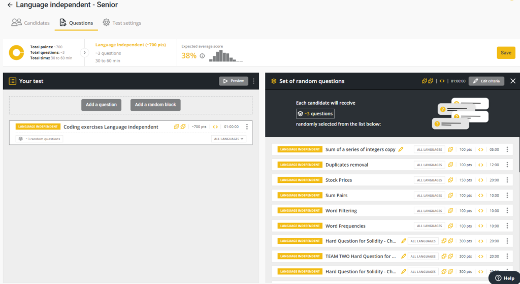 Screenshot of the Custom test screen with "your test" on the left and a set of random questions on the right.