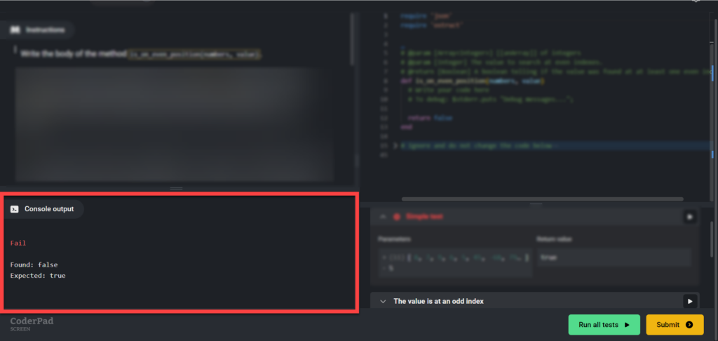 The code editor for a particular coding exercise is displayed along with candidate code. In the bottom left the "console output" window is highlighted. 