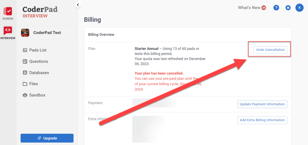 Billing screen with an arrow pointing to the "undo cancellation" button at the top right of the screen.